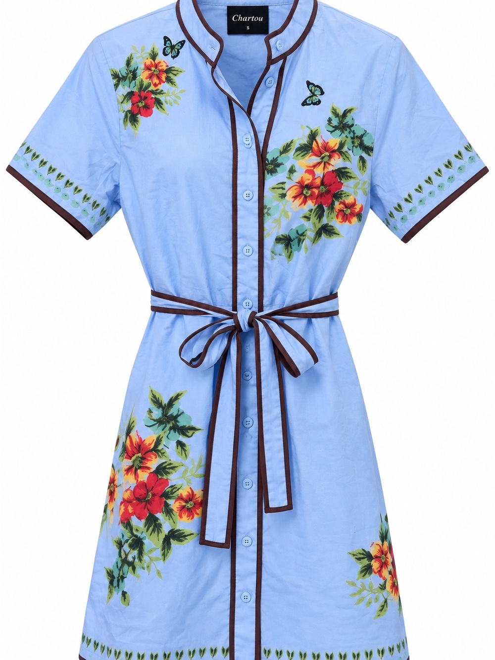 CHARTOU Women’s Blue Floral Butterfly Belted Button Front Shirt Dress S NWT